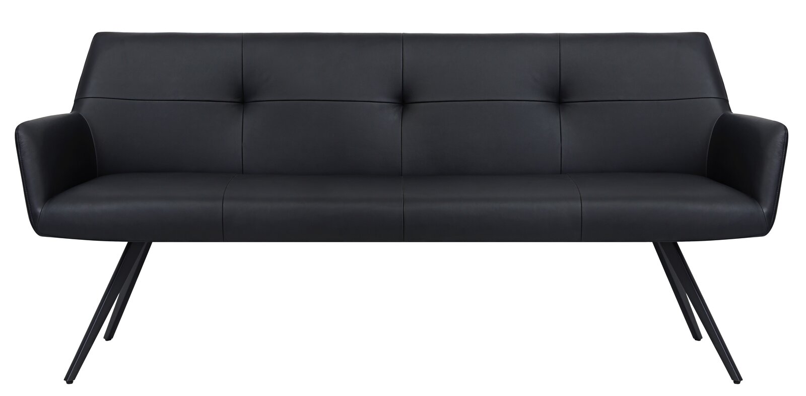 Schwarze moderne Bank mit Armlehnen und schrägen Beinen, Vorderansicht