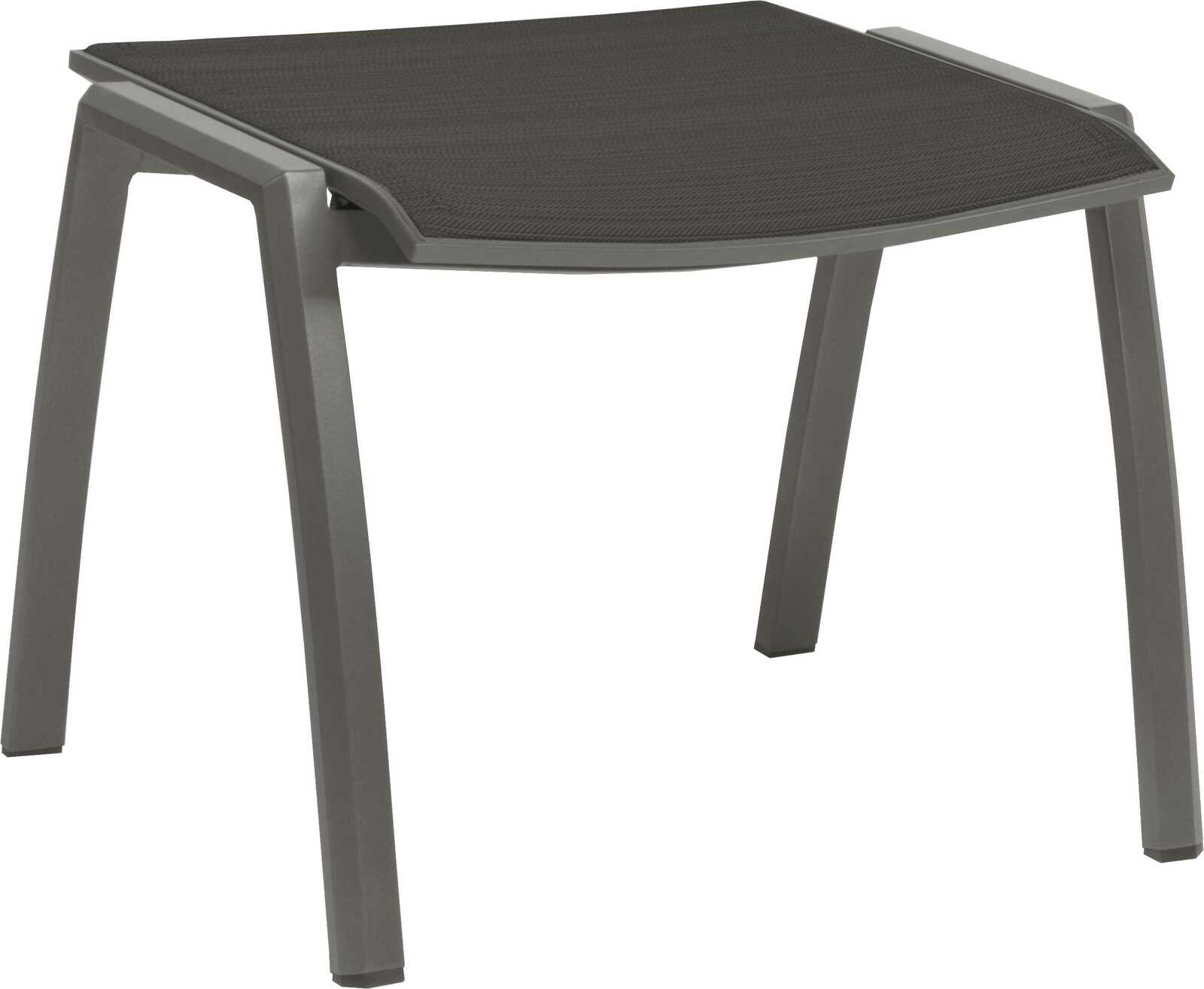 Moderner Hocker mit grauem Metallrahmen und schwarzer Sitzfläche, seitliche Perspektive