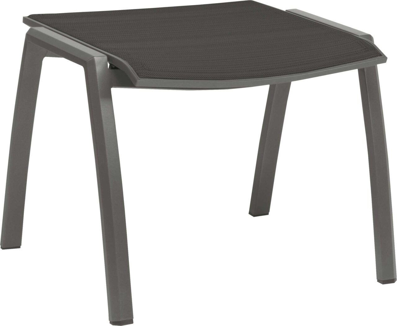 Moderner Hocker mit grauem Metallrahmen und schwarzer Sitzfläche, seitliche Perspektive