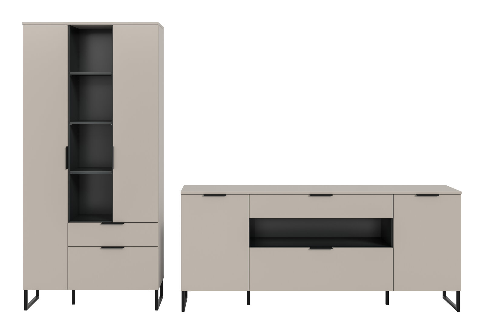 Modernes Sideboard und hoher Schrank in Greige mit schwarzen Metallfüßen und Griffen, teils mit Glas-/Offenfach, Frontansicht auf weißem Hintergrund