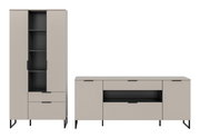 Modernes Sideboard und hoher Schrank in Greige mit schwarzen Metallfüßen und Griffen, teils mit Glas-/Offenfach, Frontansicht auf weißem Hintergrund