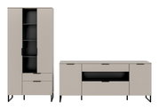 Modernes Sideboard und hoher Schrank in Greige mit schwarzen Metallfüßen und Griffen, teils mit Glas-/Offenfach, Frontansicht auf weißem Hintergrund