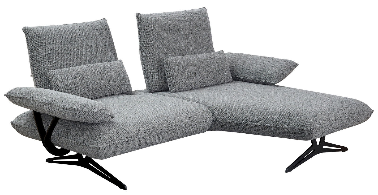 Graue Longchairkombination mit verstellbaren Rückenlehnen und Armlehnen, seitliche Perspektive