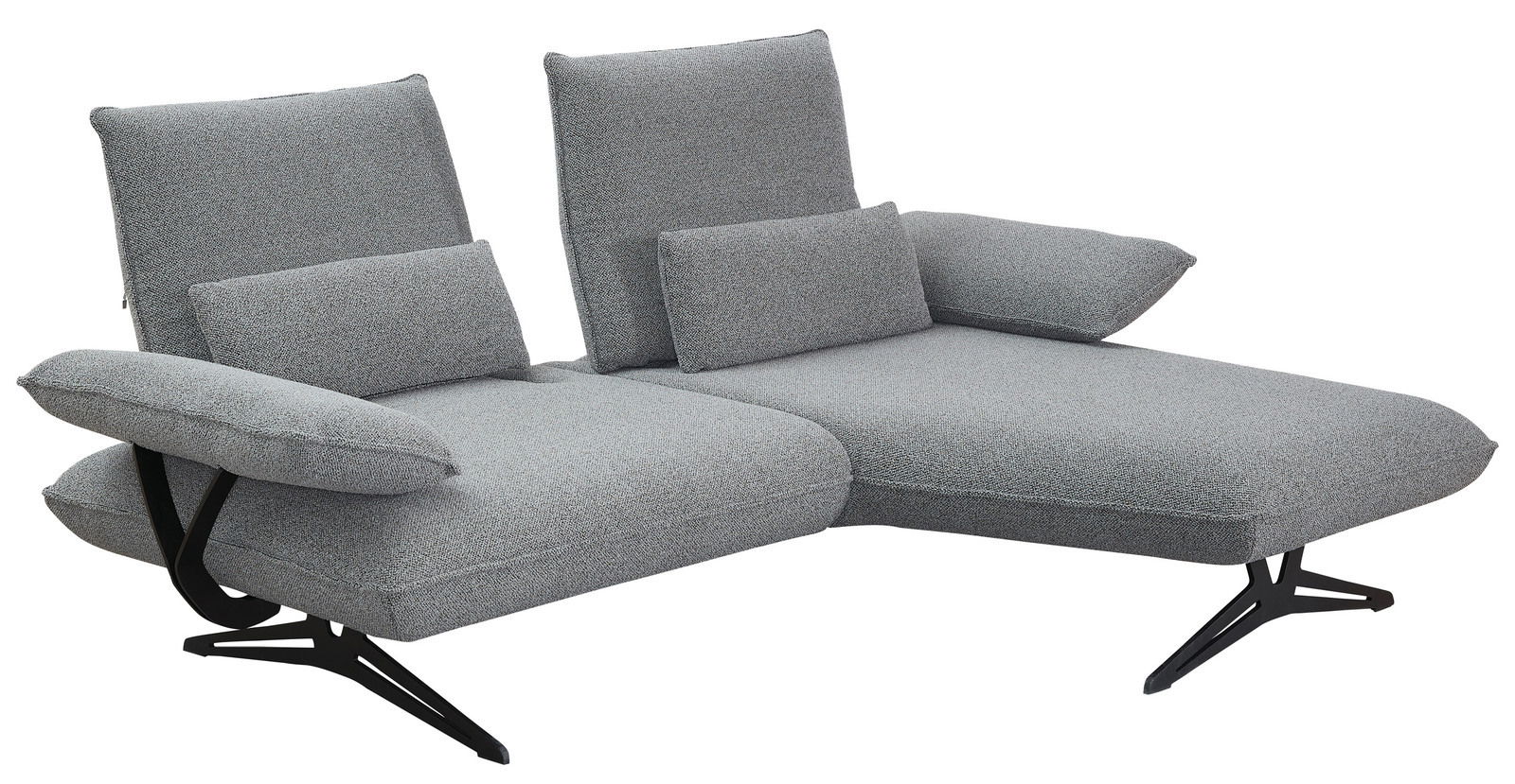 Graue Longchairkombination mit verstellbaren Rückenlehnen und Armlehnen, seitliche Perspektive