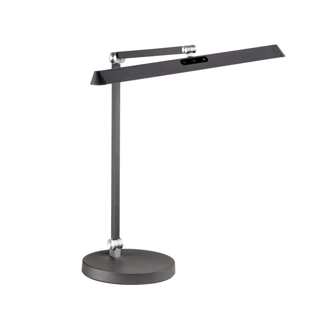 Moderne Tischleuchte Beba in seitlicher Perspektive mit schlankem, verstellbarem Arm und rundem Sockel in elegantem Design.