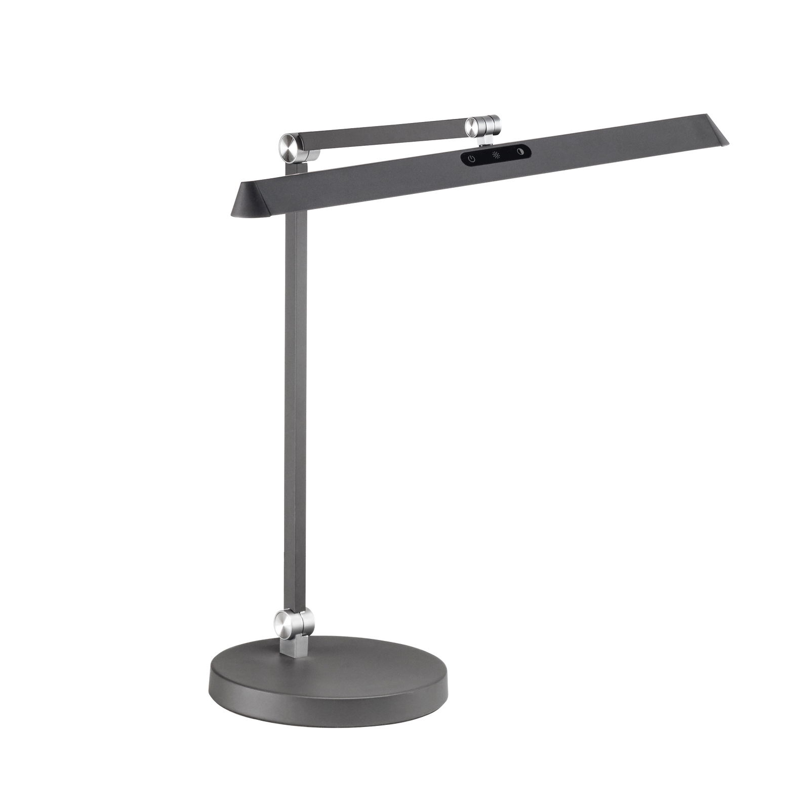 Moderne Tischleuchte Beba in seitlicher Perspektive mit schlankem, verstellbarem Arm und rundem Sockel in elegantem Design.