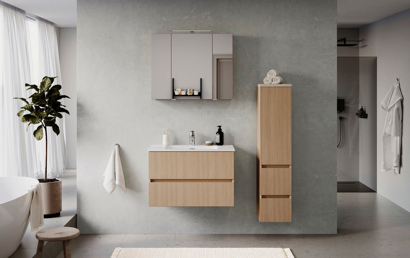 XORA Midischrank TOULON Moderner Midischrank 30 cm in Holzoptik, frontal im Badezimmer neben Waschbecken und Spiegel gezeigt.