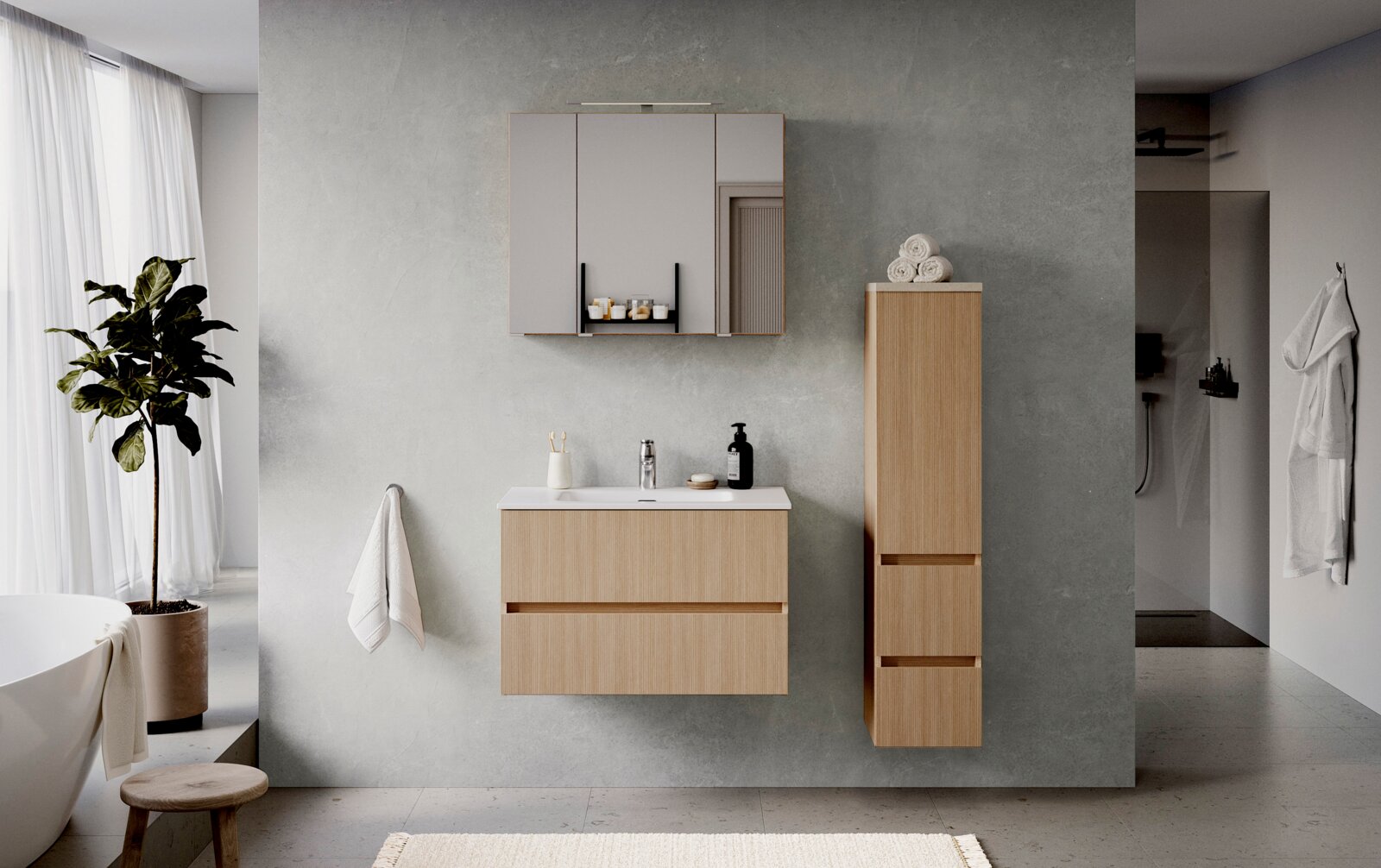 Moderner Midischrank 30 cm in Holzoptik, frontal im Badezimmer neben Waschbecken und Spiegel gezeigt.