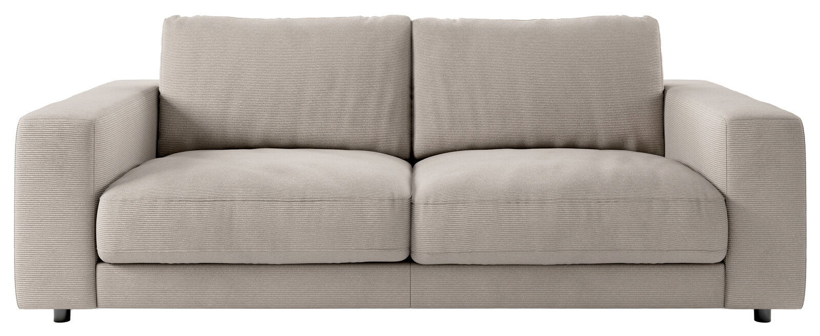 Zweiersofa in beige aus der Vorderansicht mit breiten Armlehnen und geripptem Stoffbezug.