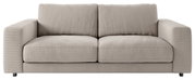 Tweezitsbank in beige, gezien van voren, met brede armleuningen en een geribbelde stoffen bekleding.
