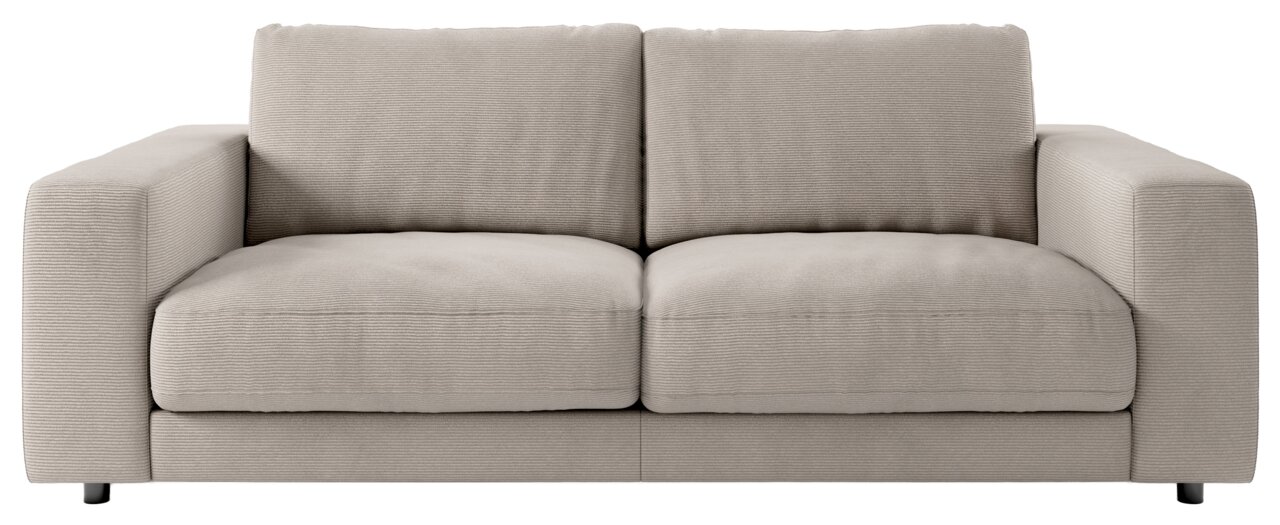 Tweezitsbank in beige, gezien van voren, met brede armleuningen en een geribbelde stoffen bekleding.