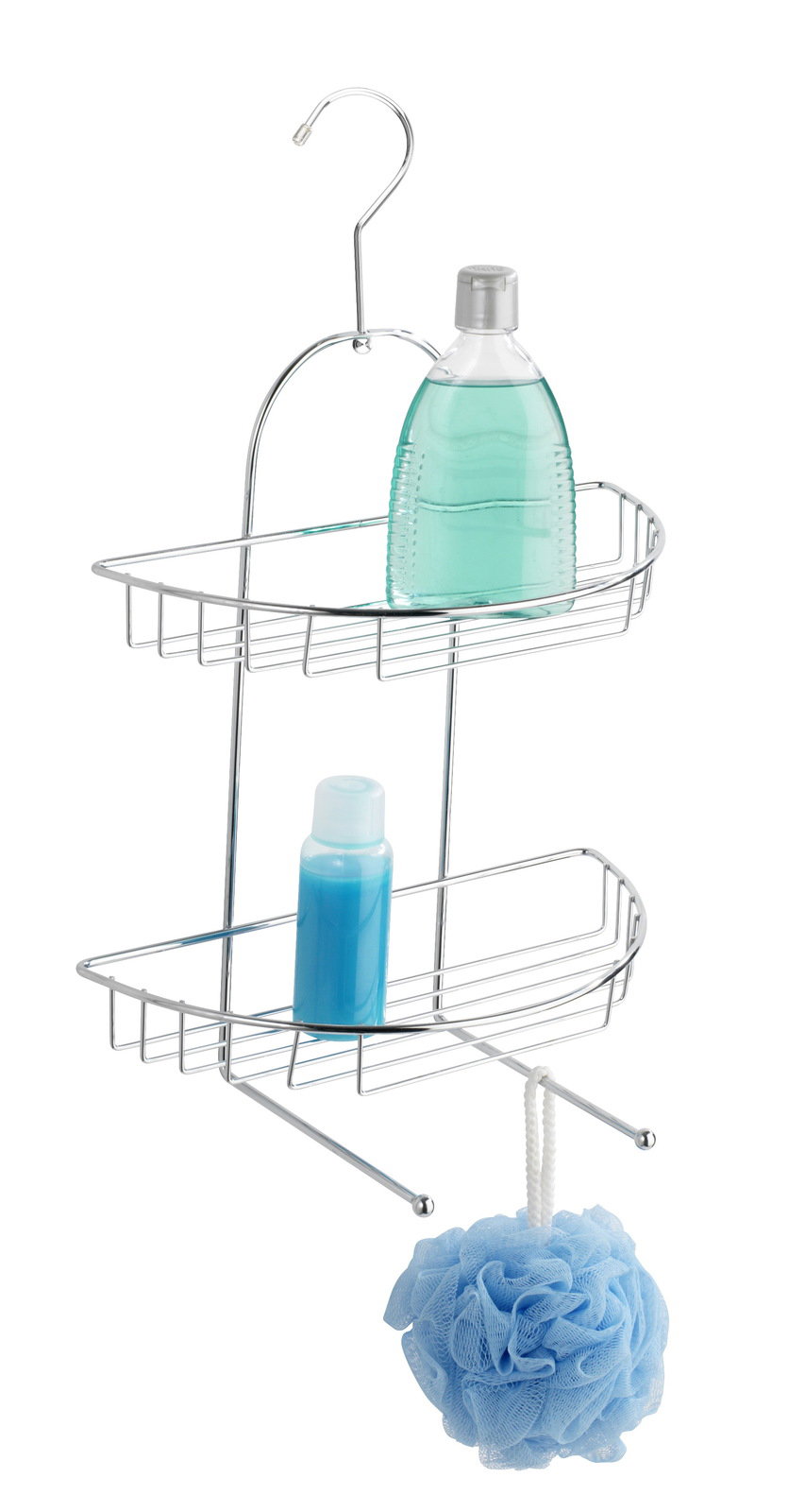 Wenko Exclusiv Drahtregal KUOPIO Drahtregal mit zwei Ebenen, gefüllt mit Duschgel und Shampoo, von vorne betrachtet. Unten hängt ein blauer Duschschwamm.