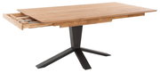 Moderner Esstisch aus Holz mit schwarzem Metallfuß, seitliche Perspektive, mit ausgezogenem Schubfach.