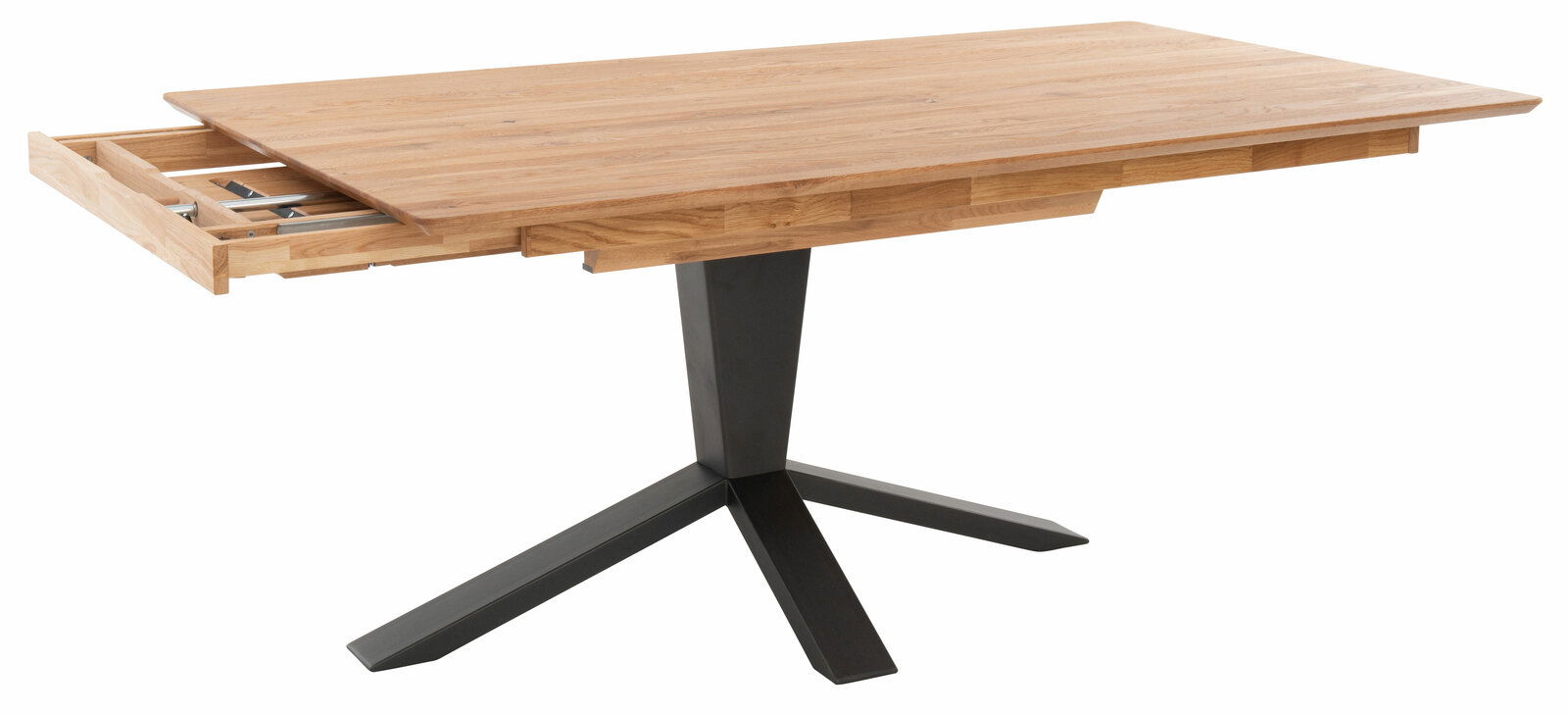 Moderner Esstisch aus Holz mit schwarzem Metallfuß, seitliche Perspektive, mit ausgezogenem Schubfach.