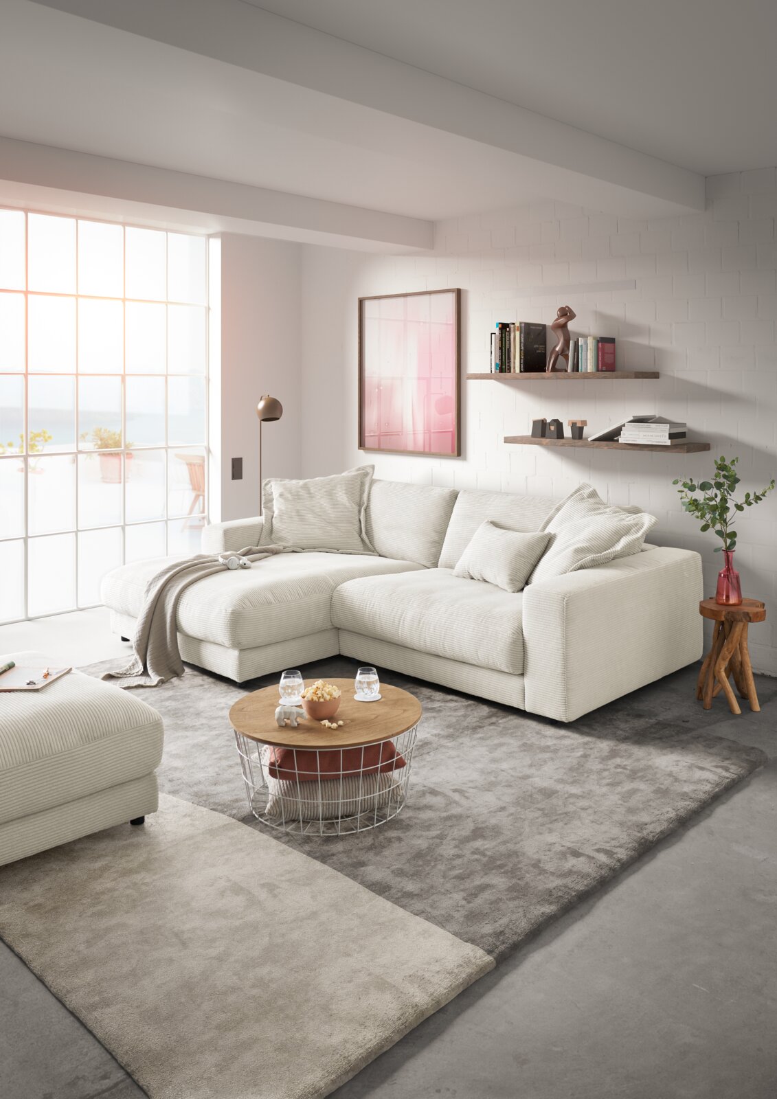 Pure Home Lifestyle Longchairkombination PURE 979 Gemütliche Longchairkombination in einem modernen Wohnzimmer, seitliche Perspektive mit großen Fenstern im Hintergrund.