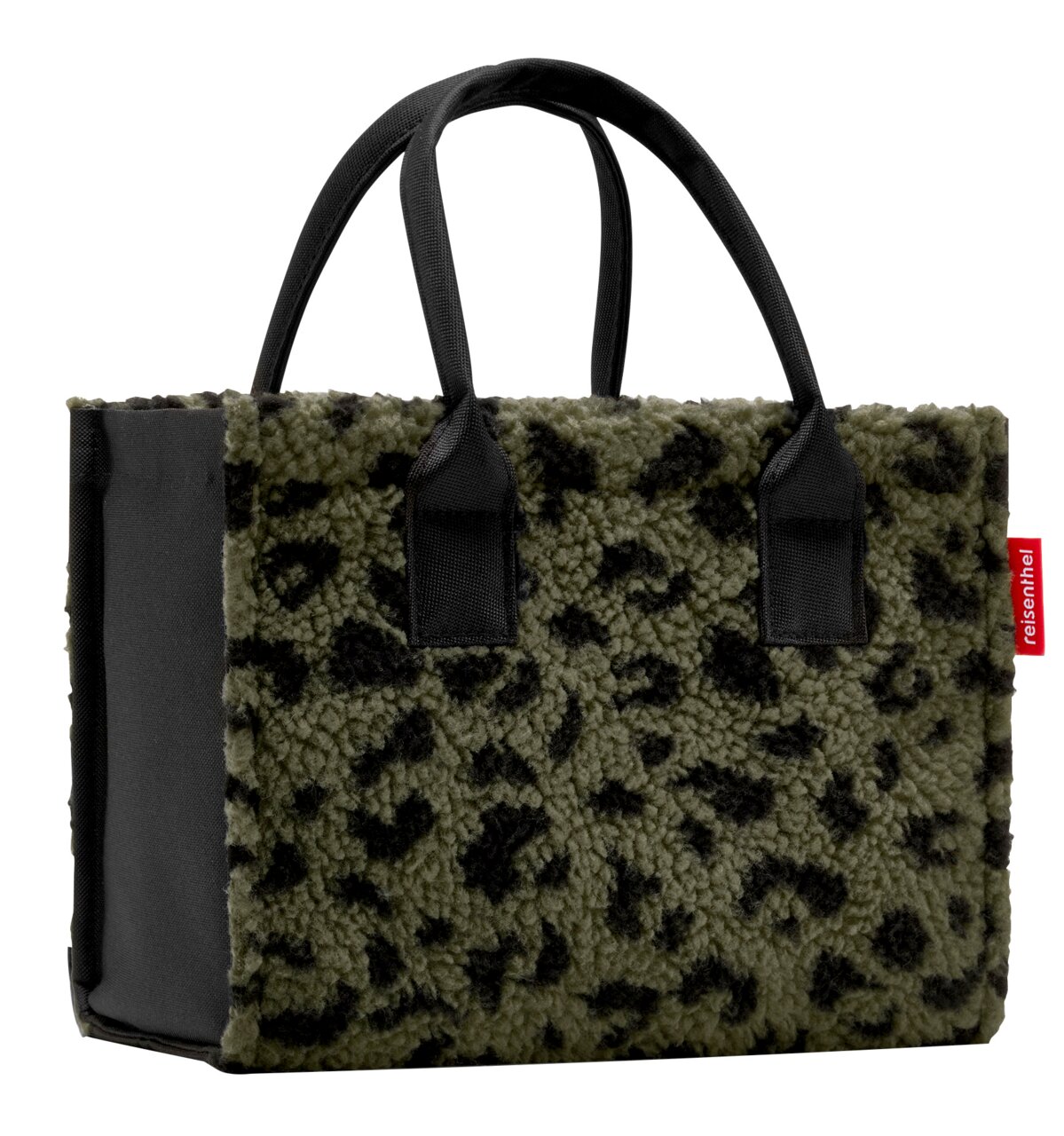 Kleine Einkaufstasche mit schwarzem und olivgrünem Leopardenmuster, seitliche Perspektive
