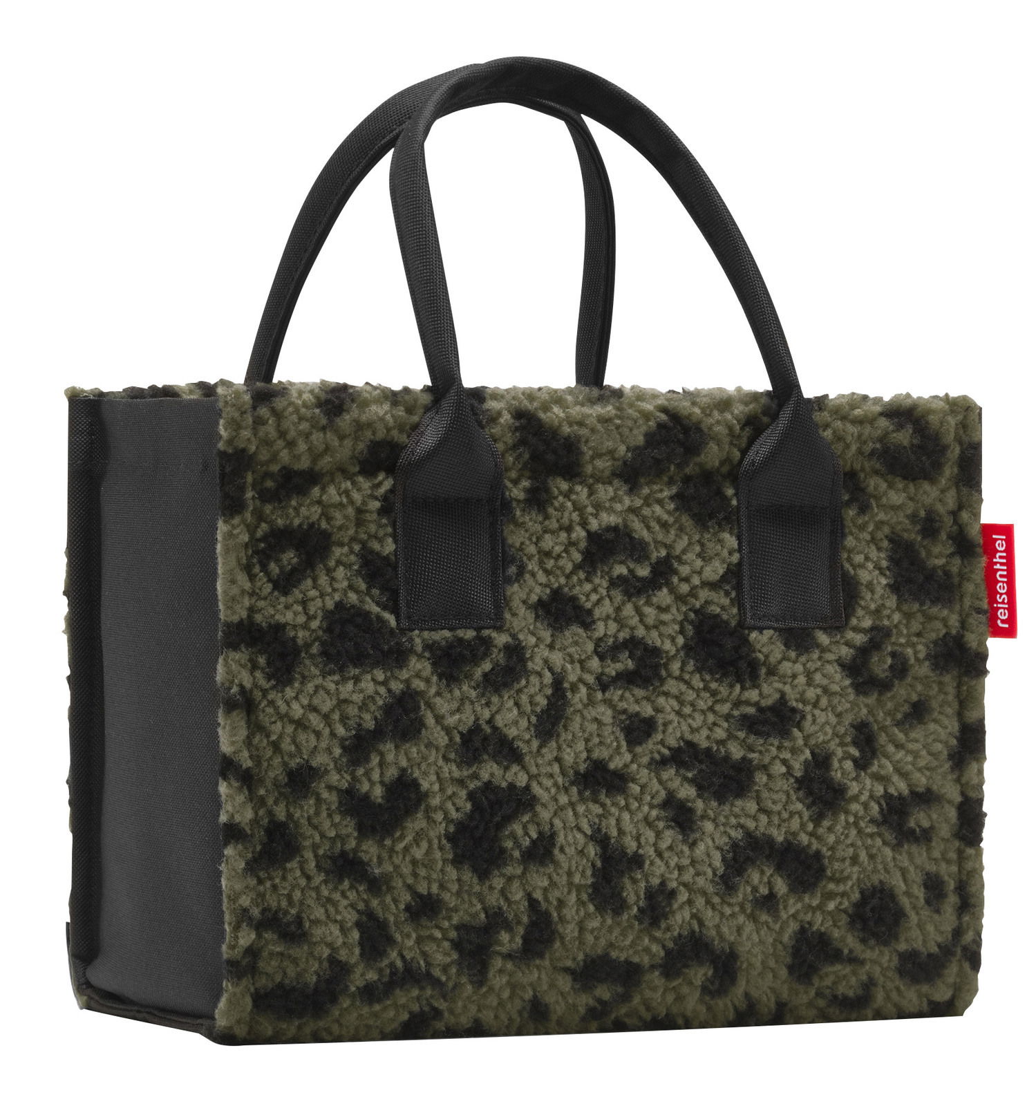 Kleine Einkaufstasche mit schwarzem und olivgrünem Leopardenmuster, seitliche Perspektive