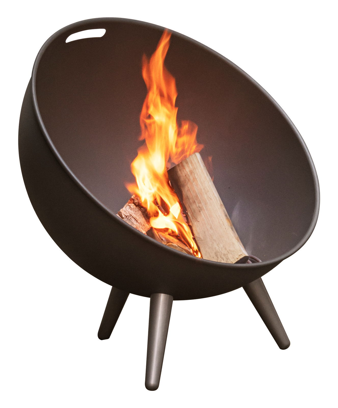 Feuerschale FireGlobe mit brennendem Holz, seitliche Perspektive