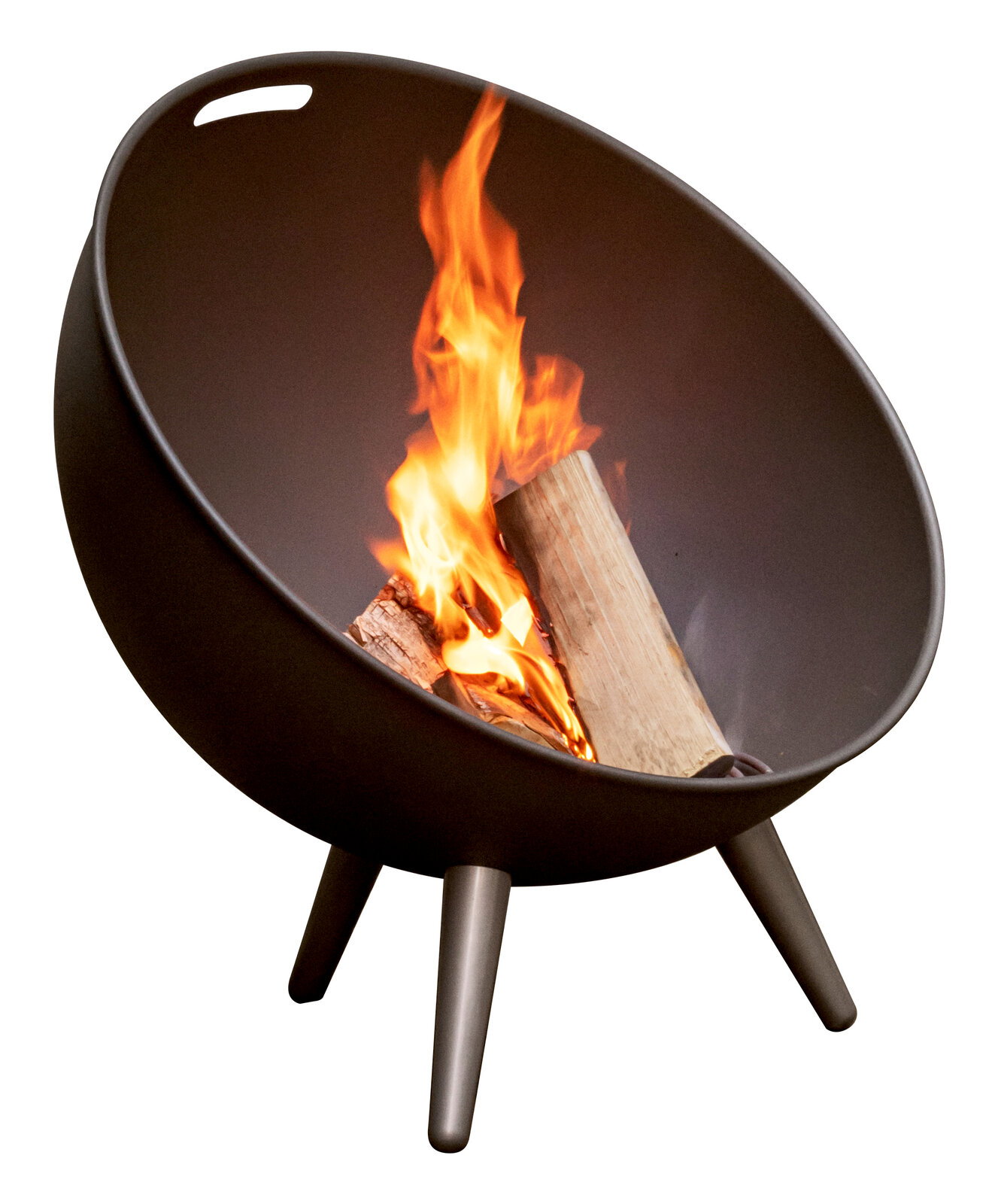 Feuerschale FireGlobe mit brennendem Holz, seitliche Perspektive