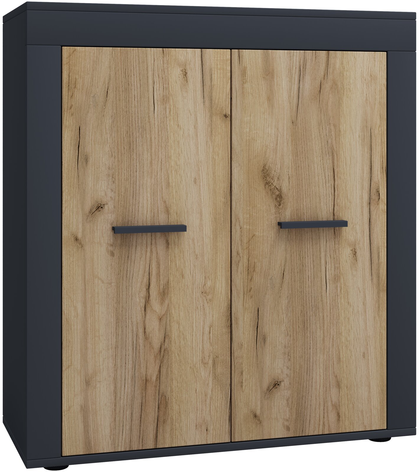 Zweitüriger Schrank in Schwarz mit Holzoptik-Front und schwarzen Griffleisten, Produktansicht schräg von vorn
