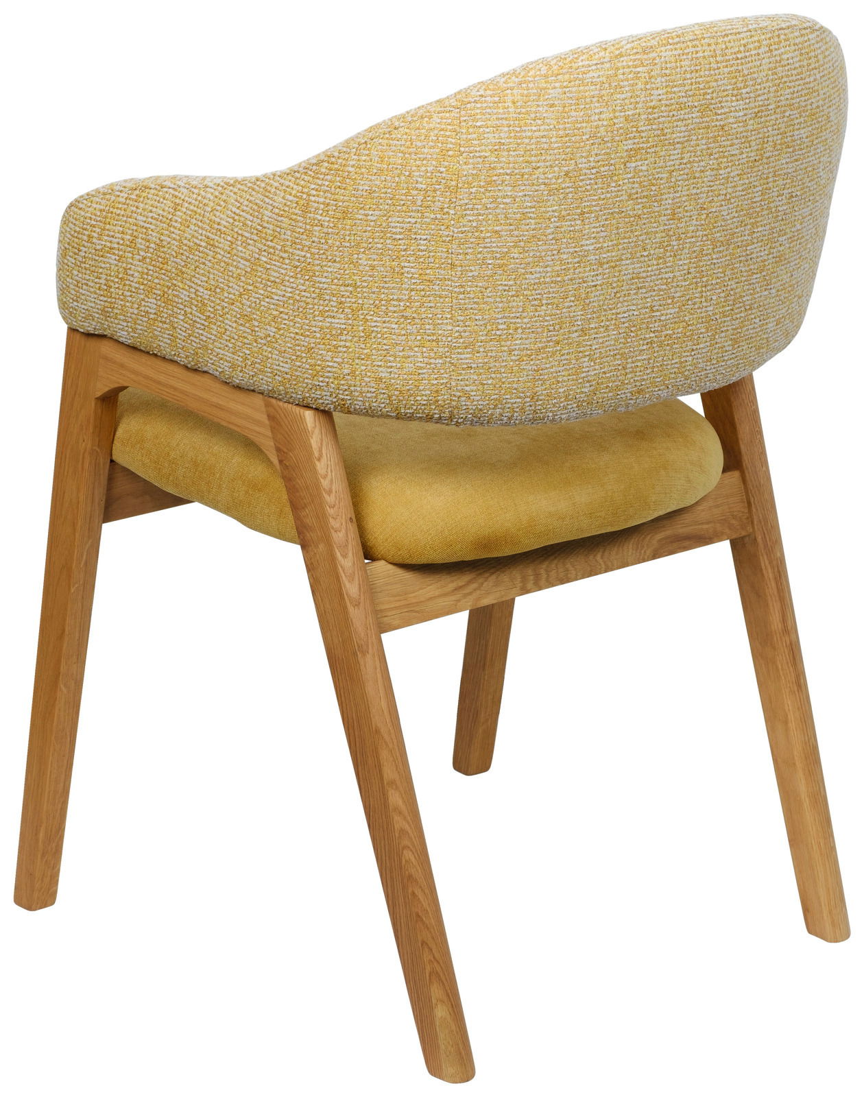 Rückansicht eines gelben Armlehnstuhls mit Holzbeinen