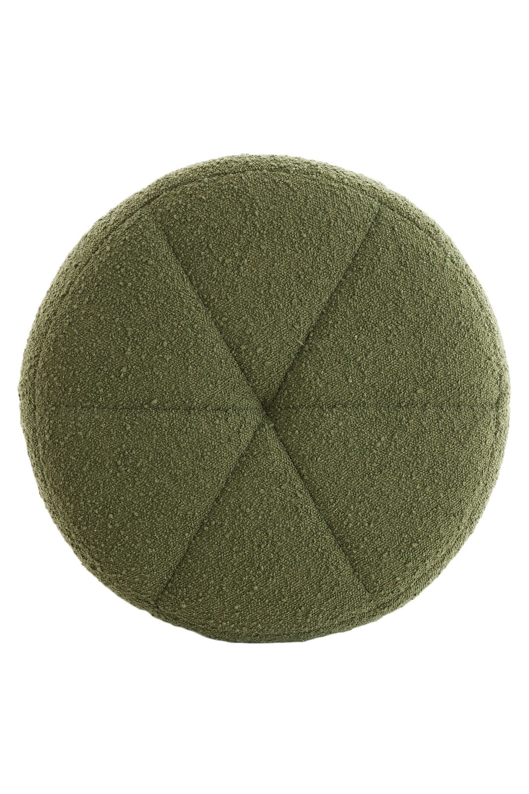 Grüner Sitzpuff in Draufsicht mit texturierter Oberfläche und segmentiertem Design.