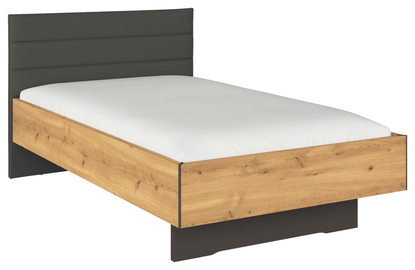 Einzelbett mit Holzoptik und gepolstertem Kopfteil, seitliche Perspektive