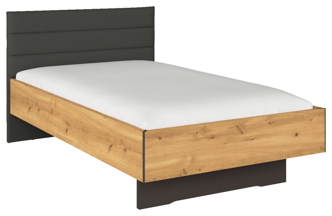 Einzelbett mit Holzoptik und gepolstertem Kopfteil, seitliche Perspektive