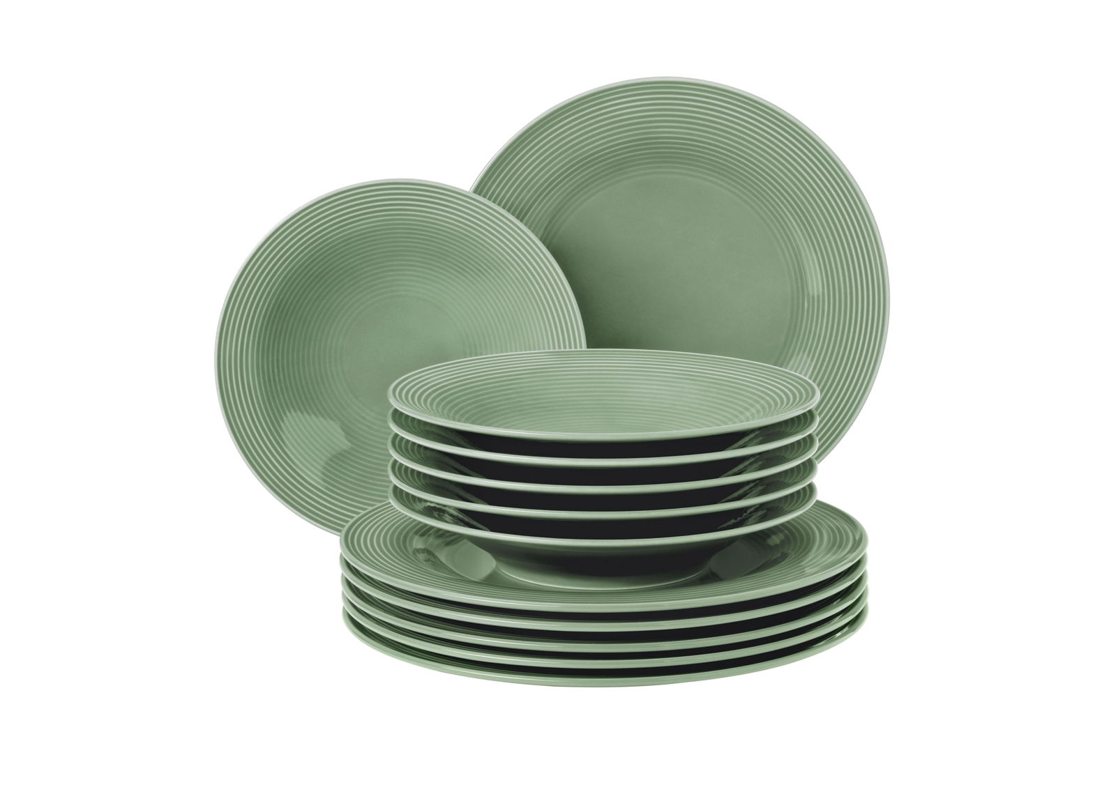 Grünes 12-teiliges Tafelset mit gestapelten Tellern, seitliche Perspektive