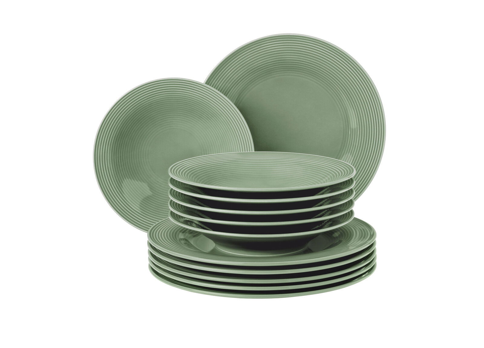 Grünes 12-teiliges Tafelset mit gestapelten Tellern, seitliche Perspektive