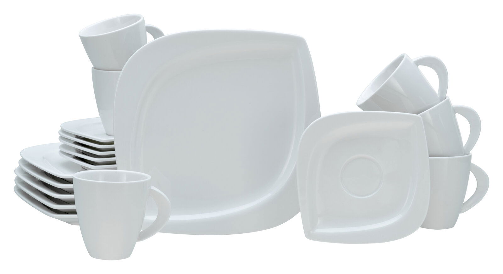Weißes 18-teiliges Kaffeeservice mit Tassen, Untertassen und Tellern, frontal abgebildet.