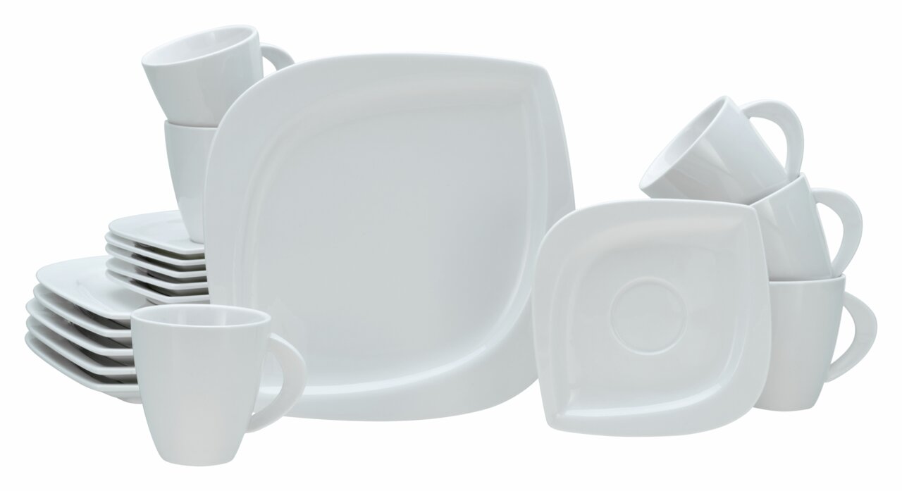 Weißes 18-teiliges Kaffeeservice mit Tassen, Untertassen und Tellern, frontal abgebildet.