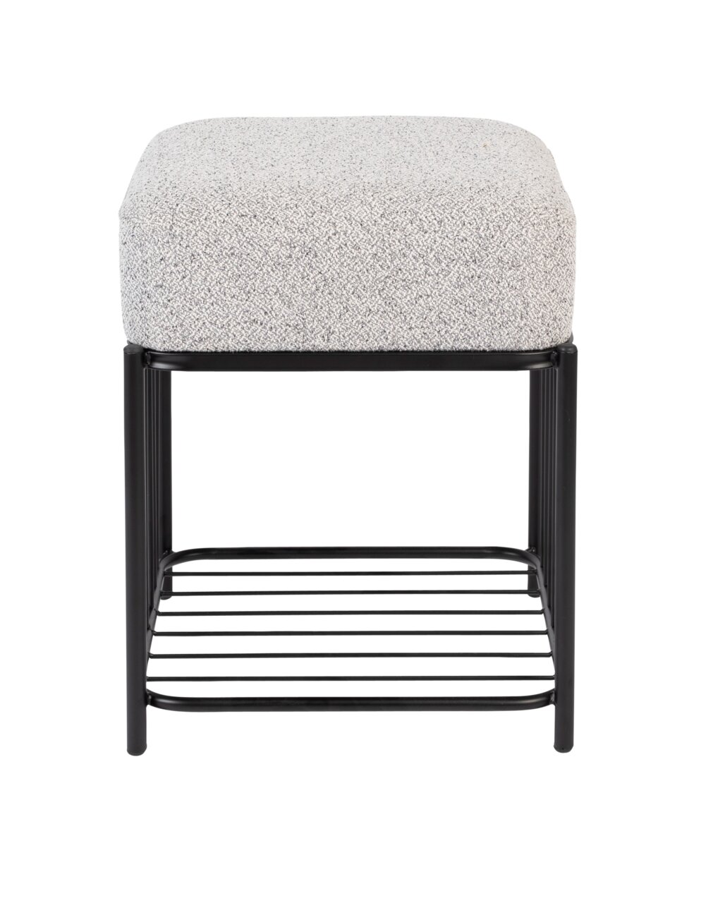 Vorderansicht eines modernen Hockers mit schwarzem Metallgestell und hellgrauer gepolsterter Sitzfläche.