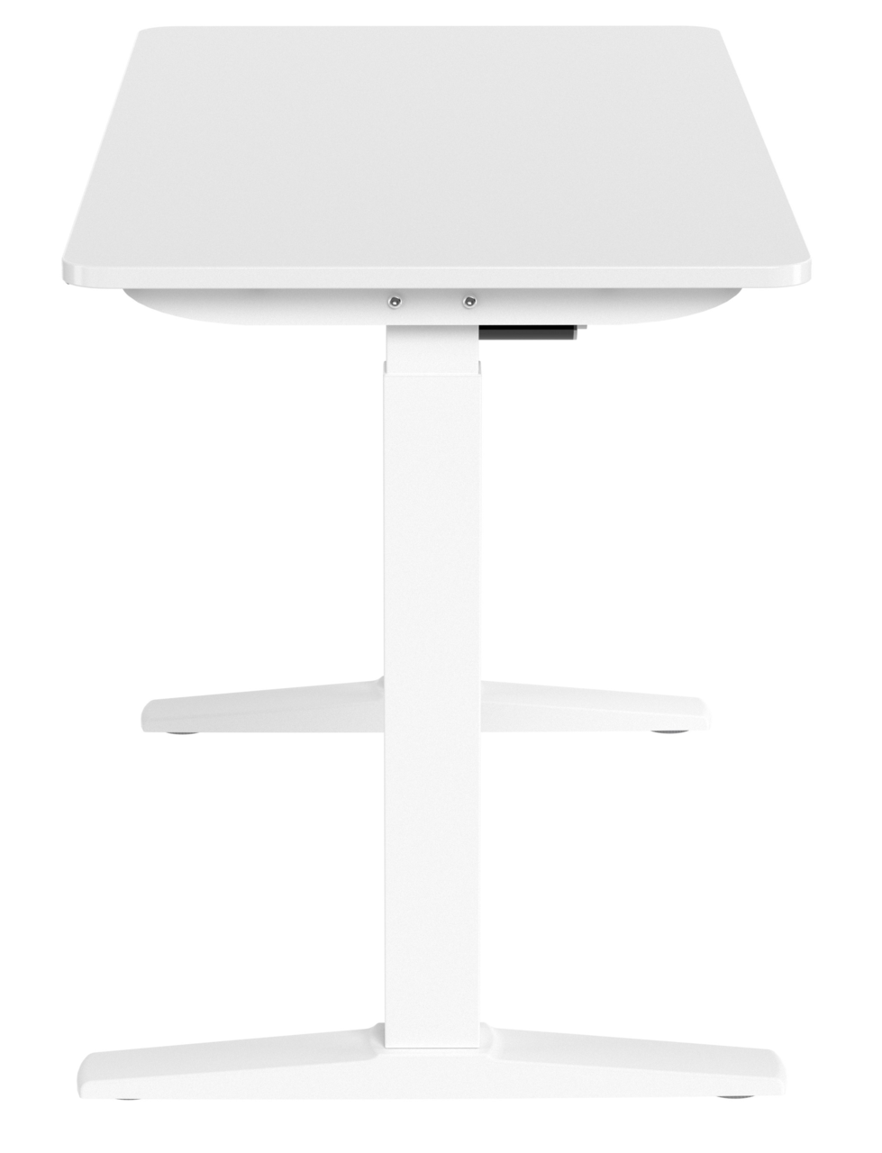 Weißer E-Schreibtisch aus der Frontalansicht mit T-förmigem Gestell.