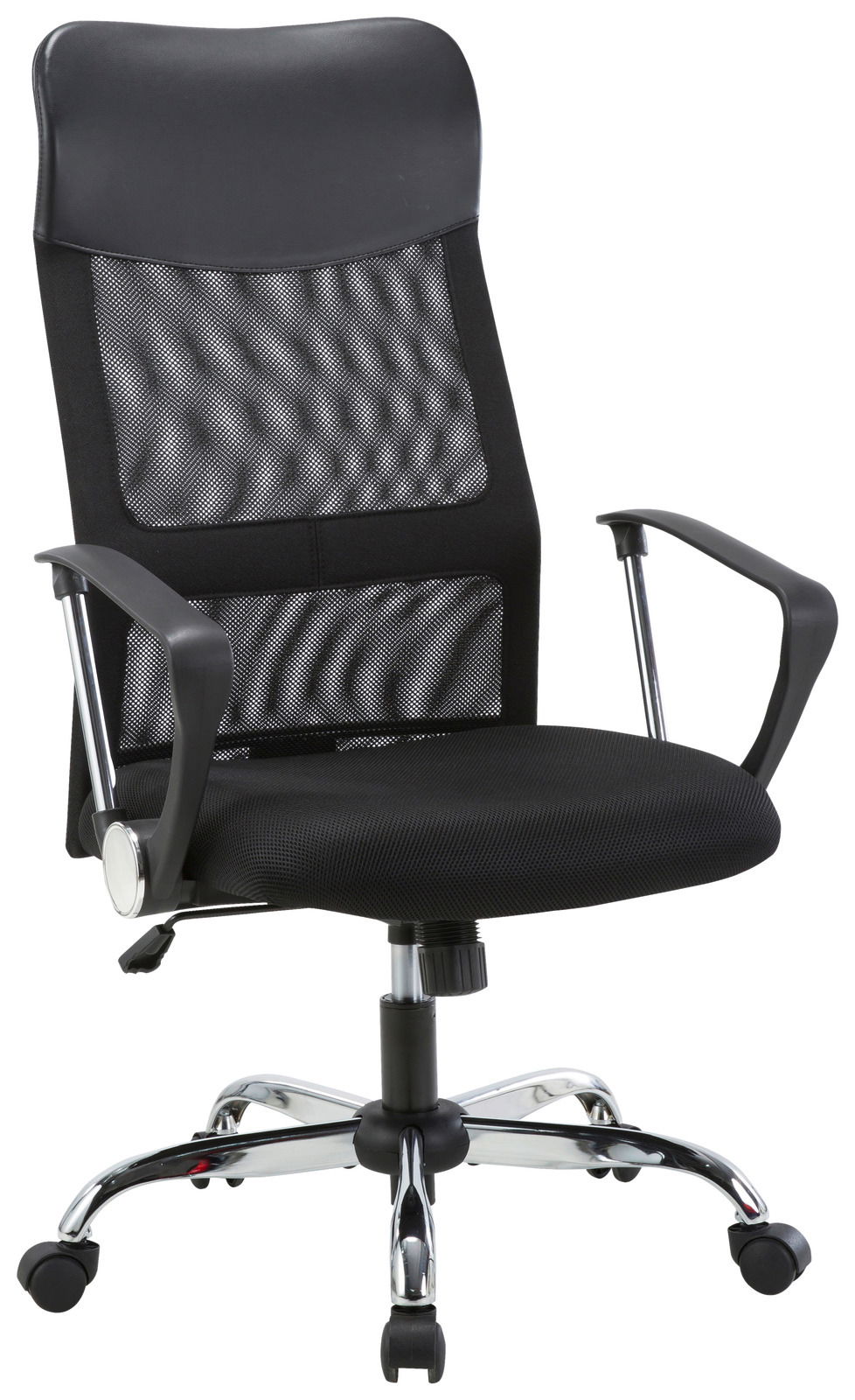 Schwarzer Drehstuhl mit Netzrückenlehne und Armlehnen, seitliche Perspektive