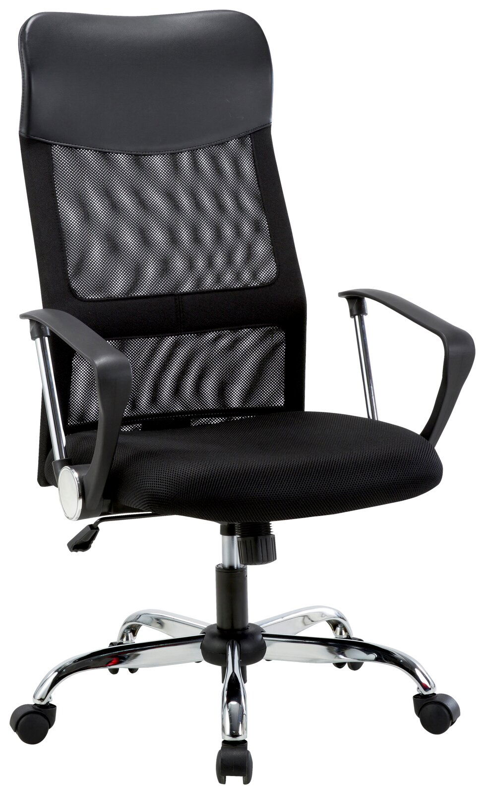 Schwarzer Drehstuhl mit Netzrückenlehne und Armlehnen, seitliche Perspektive