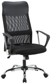 Schwarzer Drehstuhl mit Netzrückenlehne und Armlehnen, seitliche Perspektive