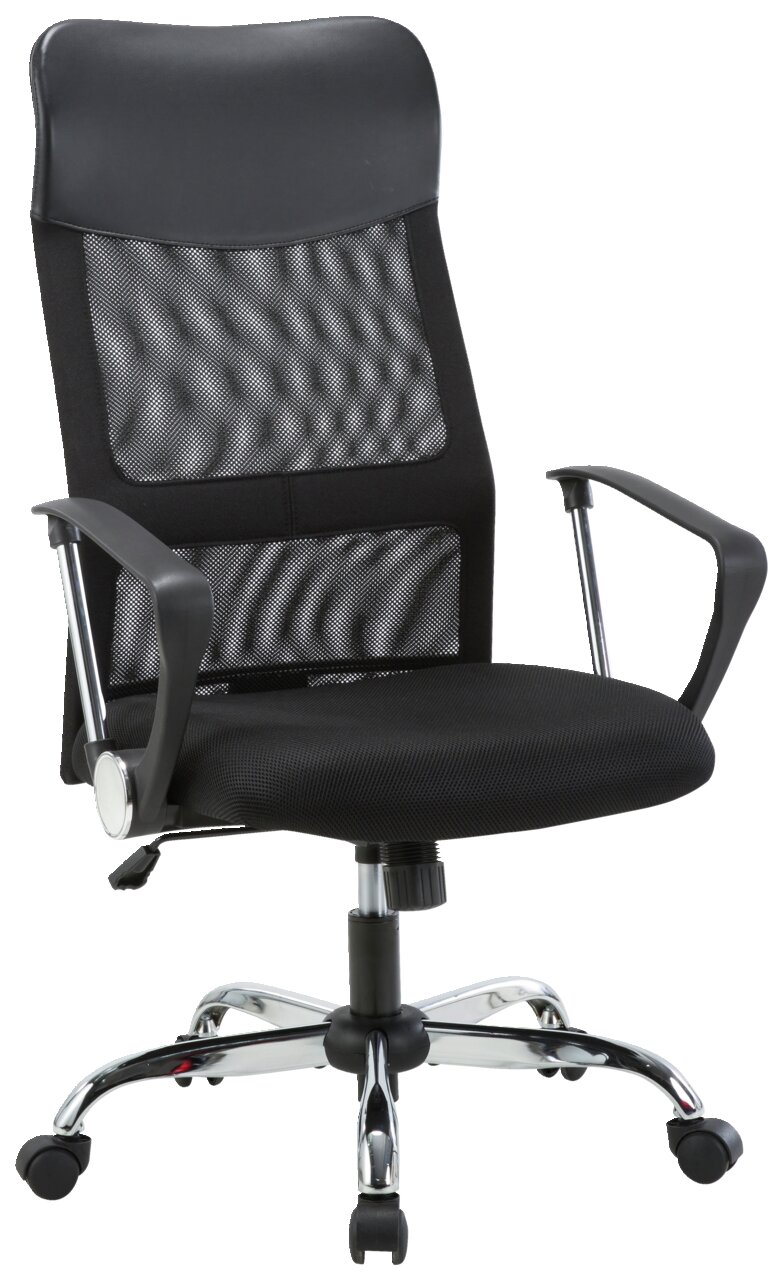 Schwarzer Drehstuhl mit Netzrückenlehne und Armlehnen, seitliche Perspektive