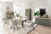 Esszimmer mit modernem Highboard und Sideboard in grünem Design, umgeben von eleganten Stühlen und einem Esstisch aus Holz. Perspektive: Frontalansicht.