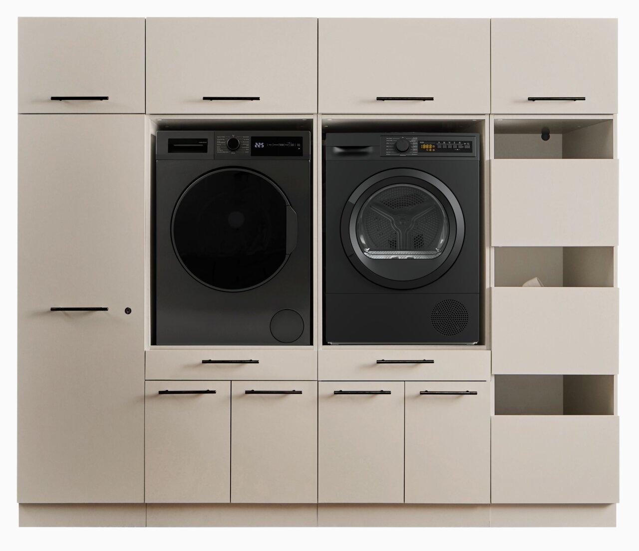 XORA Hauswirtschaftsraum-Kombi PRIMUS Frontansicht einer modernen Waschküchen-Schrankwand in Beige mit schwarzen Griffen, integrierter schwarzer Waschmaschine und schwarzem Wäschetrockner sowie offenen Ablagefächern rechts.