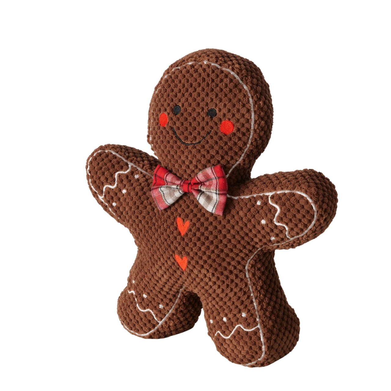 Deurstopper in de vorm van een peperkoekmannetje met een rode vlinderdas, gezien vanaf de voorkant.