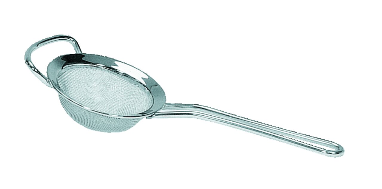 Teesieb aus Edelstahl mit langem Griff, seitliche Perspektive