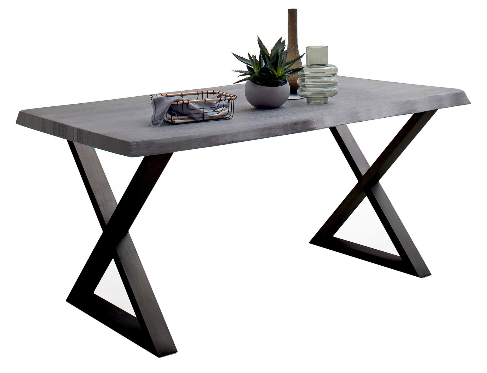 Moderner Esstisch mit X-förmigen Beinen aus dunklem Holz und einer glatten, rechteckigen Tischplatte, seitliche Perspektive.