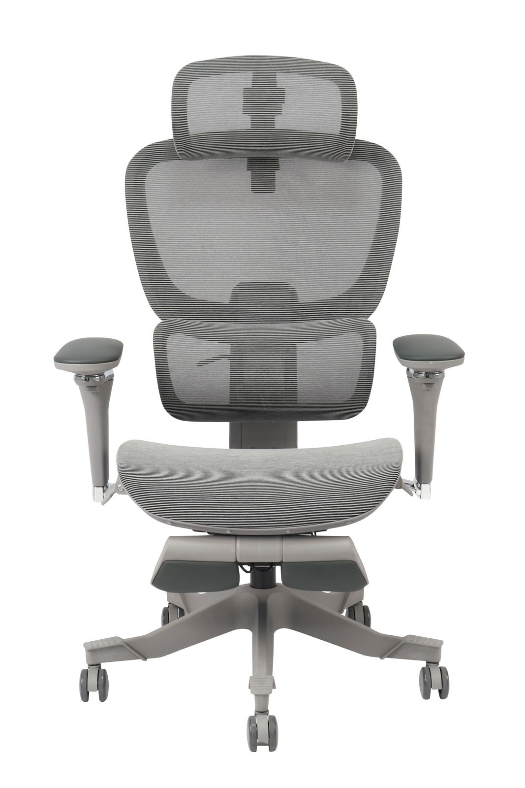 Moderner grauer Drehstuhl mit Netzrückenlehne und Armlehnen, Vorderansicht