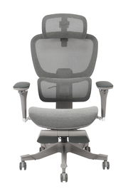 Moderner grauer Drehstuhl mit Netzrückenlehne und Armlehnen, Vorderansicht