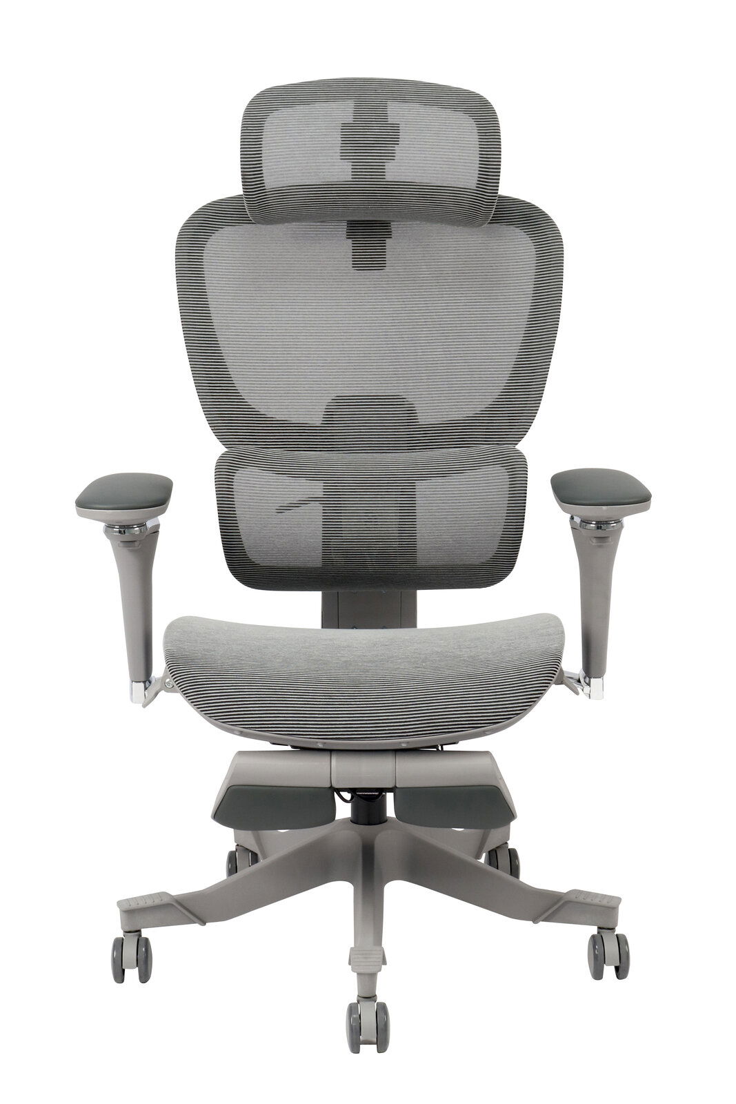 Moderner grauer Drehstuhl mit Netzrückenlehne und Armlehnen, Vorderansicht