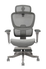 Moderner grauer Drehstuhl mit Netzrückenlehne und Armlehnen, Vorderansicht