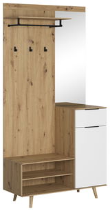 Kompaktgarderobe aus Holz mit Spiegel, Haken und Ablagefächern, seitliche Perspektive