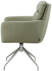 Seitenansicht eines grünen Armlehnstuhls mit Metallbeinen