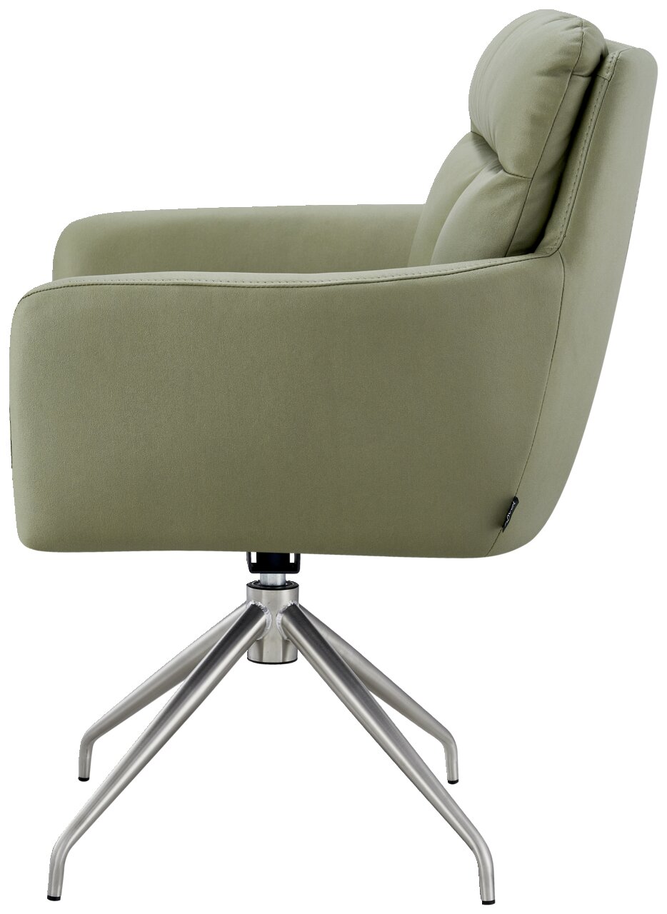 Seitenansicht eines grünen Armlehnstuhls mit Metallbeinen